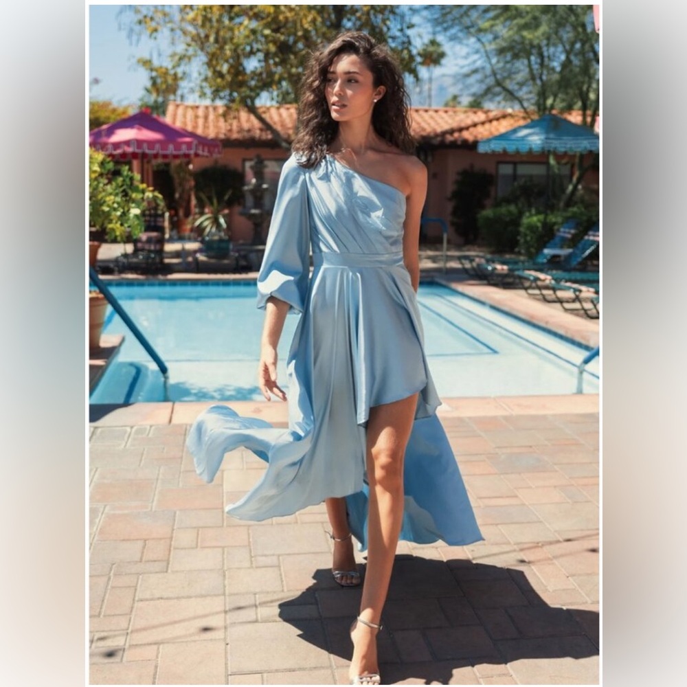 NWT Ieena by Mac Duggal 49141 SZ 8 Blue Long Sleeve One Shoulder High-Low Dress